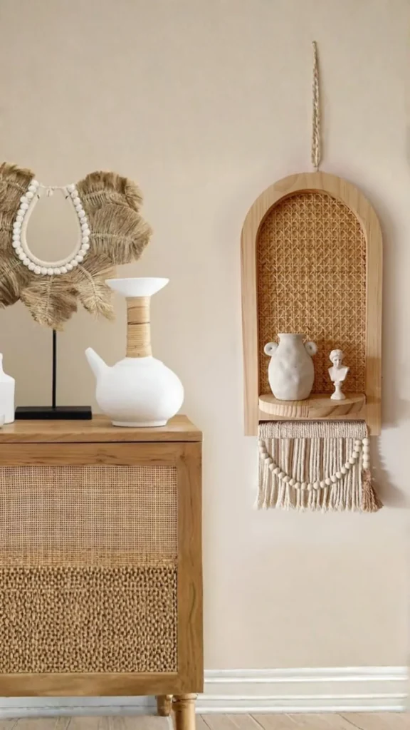 japandi open shelving styling natural rattan basket bottom shelf small plants above 2026
