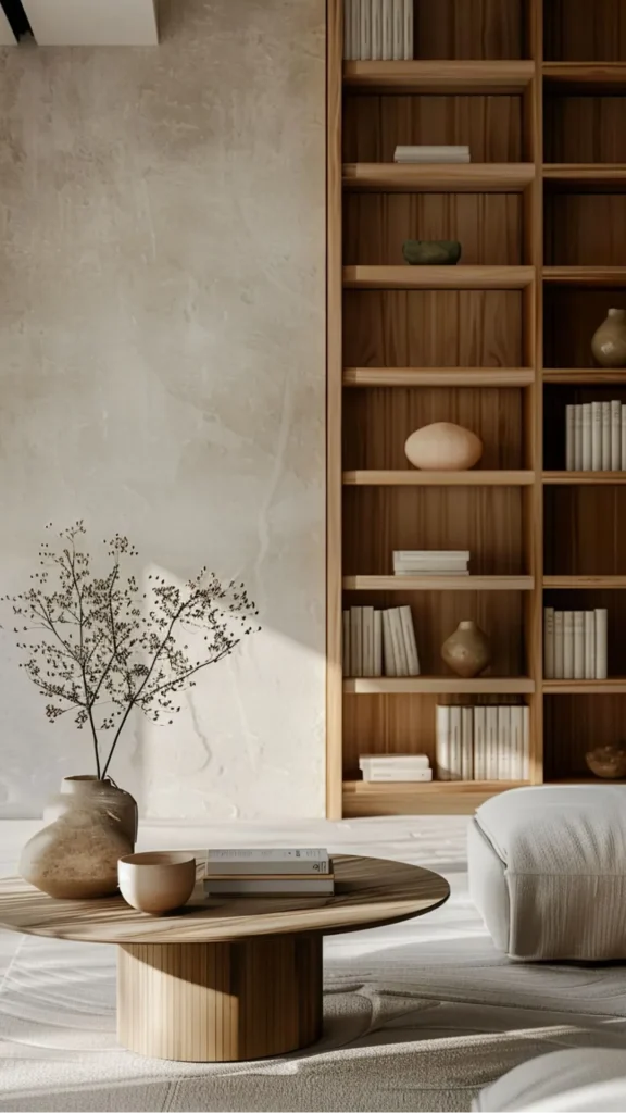 japandi open shelving styling books ceramics alternating consistent empty space between elements 2026