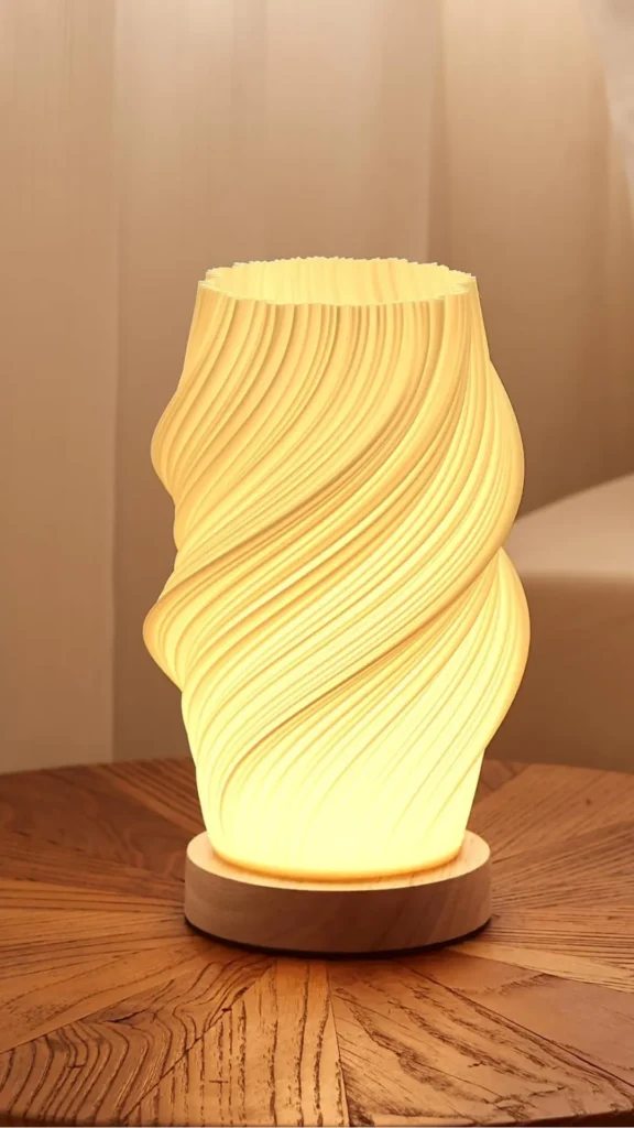 japandi bedside table styling warm ceramic lamp small ceramic dish completely clear warm wood grain visible 2026