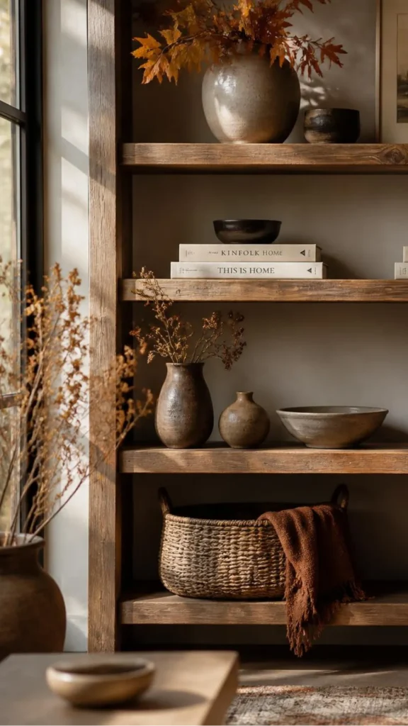 japandi open shelving styling seasonal rotation autumn dried botanicals earthy ceramics warm textiles 2026
