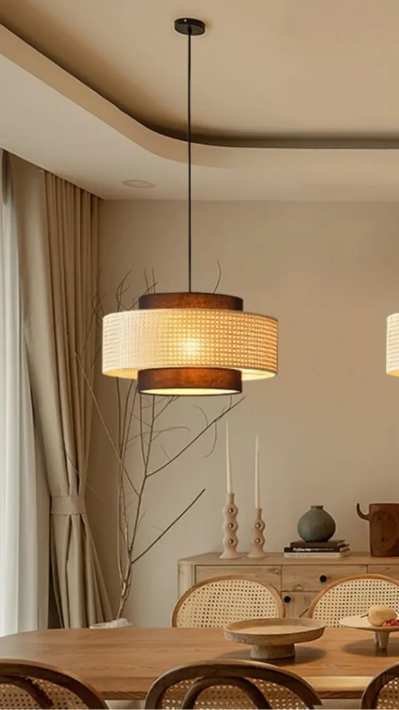 japandi pendant light oversized rattan drum anchoring open plan living dining zone 2026