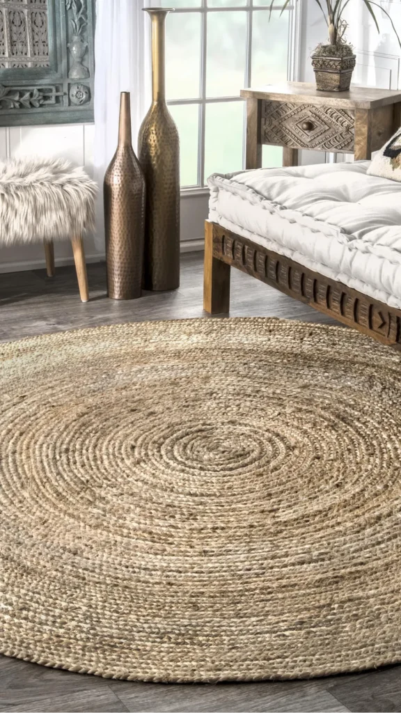 natural fiber rugs japandi living room large round undyed jute rug curved sofa warm oak 2026