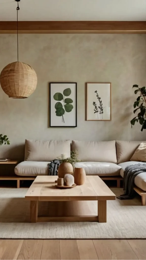 natural fiber rugs japandi living room flat-weave seagrass warm sandy tone beneath seating 2026