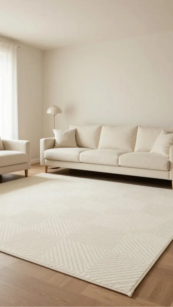 natural fiber rugs japandi living room chunky wool loop warm oat beneath sofa warm wood 2026