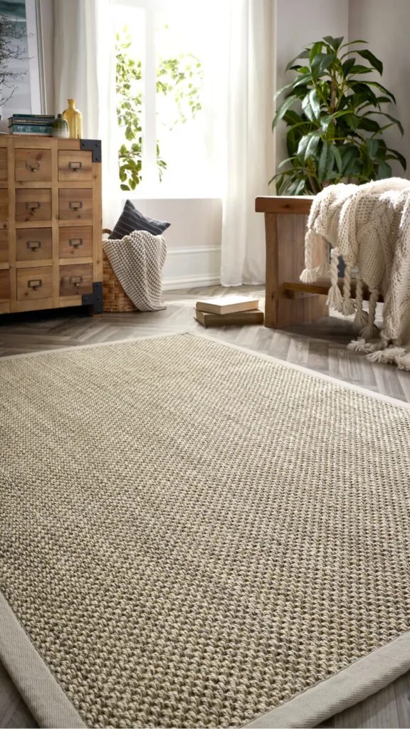 natural fiber rugs japandi living room sisal herringbone weave warm natural tones seating zone 2026