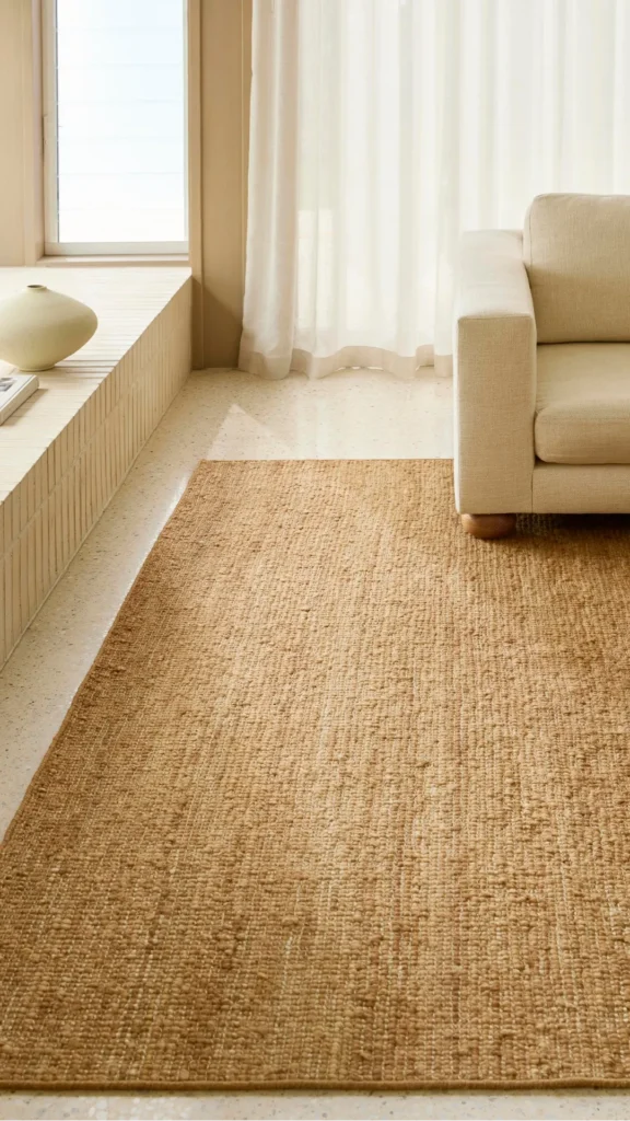 natural fiber rugs japandi living room wool jute blend warm greige cream boucle sofa 2026