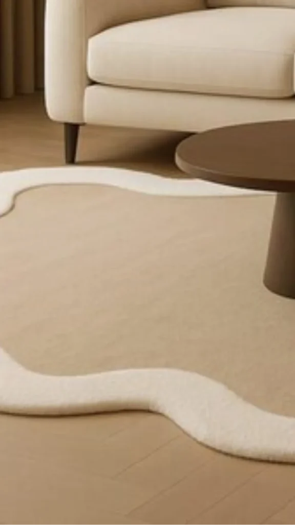 natural fiber rugs japandi living room organic shaped wool sandy cream irregular edges curved sofa 2026