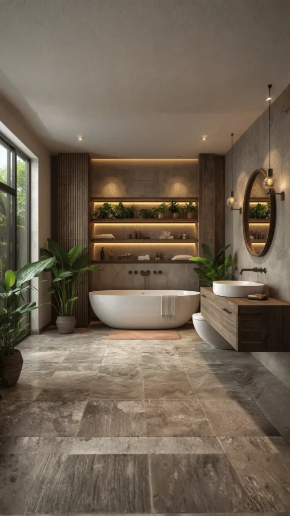 organic modern bathroom ideas essential qualities stone wood plants warm light 2026