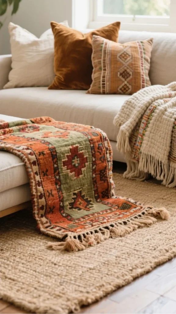 natural fiber rugs japandi living room large jute base small vintage wool kilim warm earthy tones 2026