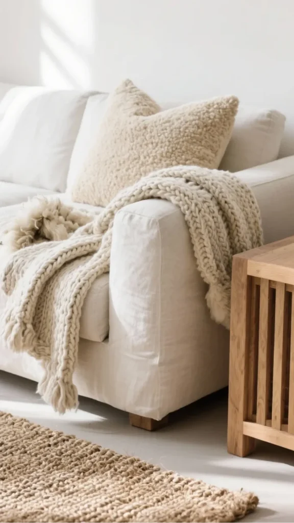 natural fiber rugs japandi living room chunky boucle wool warm natural tone beneath sofa 2026