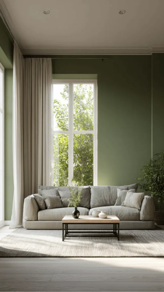 warm earthy paint colors living room dusty olive natural rattan furniture warm wood accents 2026