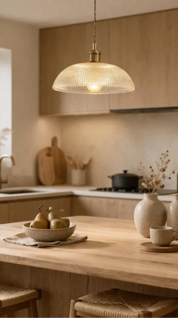japandi pendant light warm brass dome 75cm above kitchen island warm stone countertop 2026