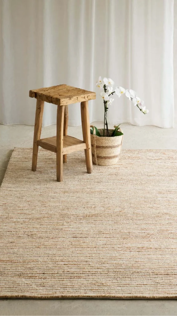natural fiber rugs japandi living room hemp flat weave undyed natural tone low coffee table sofa 2026