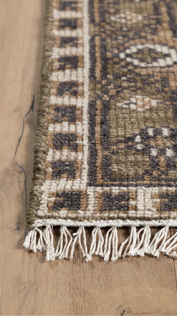 natural fiber rugs japandi living room hand-knotted wool muted warm grey subtle variation beneath sofa 2026