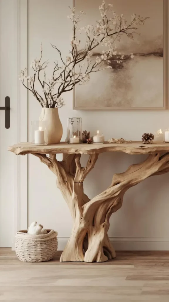 japandi console table styling seen from front door warm lamp glowing clear warm wood 2026