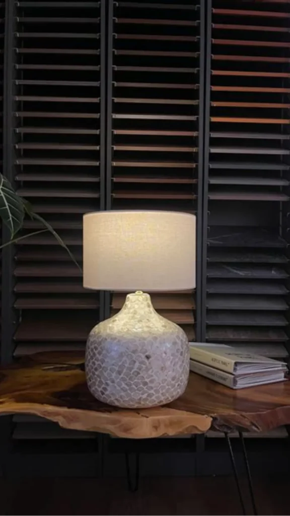 japandi console table styling warm ceramic lamp tall dried branch ceramic vessel clear warm wood 2026