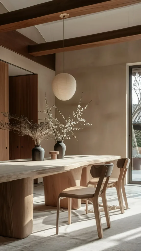 japandi console table styling warm wooden tray three earthy ceramics complementary tones console 2026