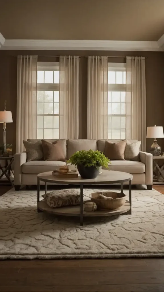 warm earthy paint colors living room warm mushroom cream boucle sofa travertine coffee table 2026