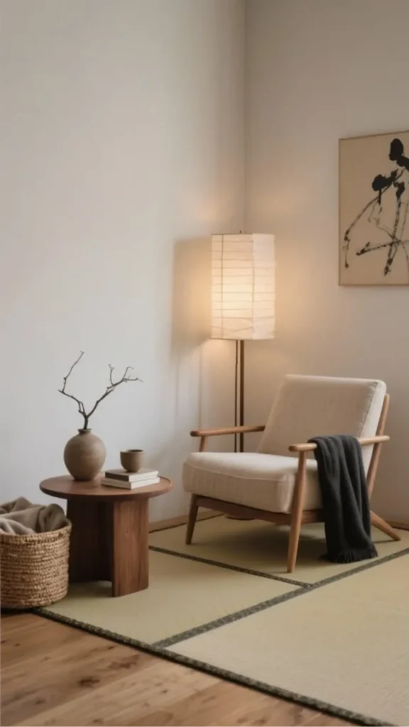 japandi pendant light handwoven seagrass above reading corner low chair warm floor lamp 2026