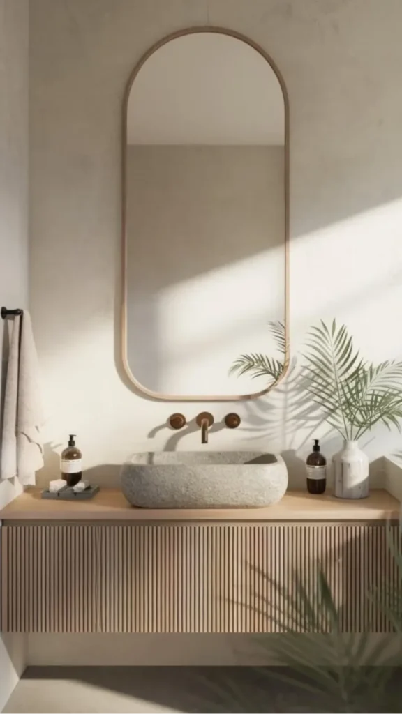 japandi console table styling arch mirror above one ceramic vessel smooth stone clear surface below 2026