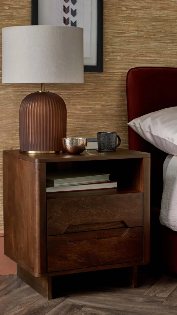 organic modern bedroom design warm wood bedside tables each side symmetrical beautiful 2026