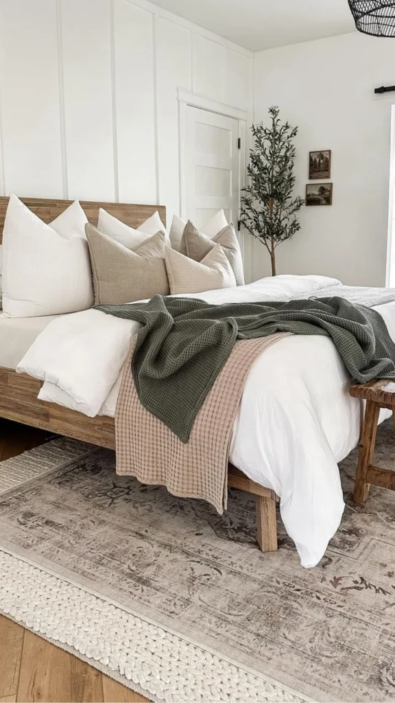 organic modern bedroom design natural fiber rug anchoring bed zone beautiful 2026