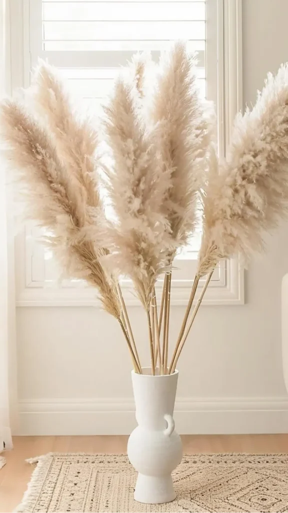 japandi console table styling large dried pampas stem tall slim ceramic clear warm wood console 2026