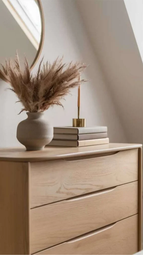 japandi console table styling warm brass key bowl low pillar candle thin dried stem console 2026