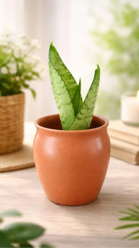 japandi console table styling small snake plant terracotta pot handmade ceramic beside it console 2026