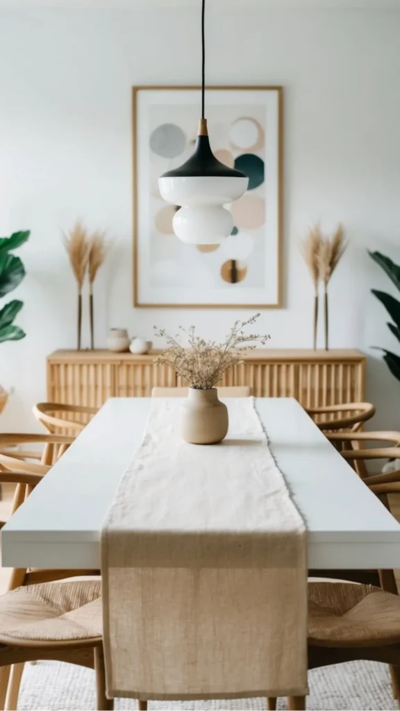 japandi console table styling natural linen runner two handmade ceramics placed on console 2026