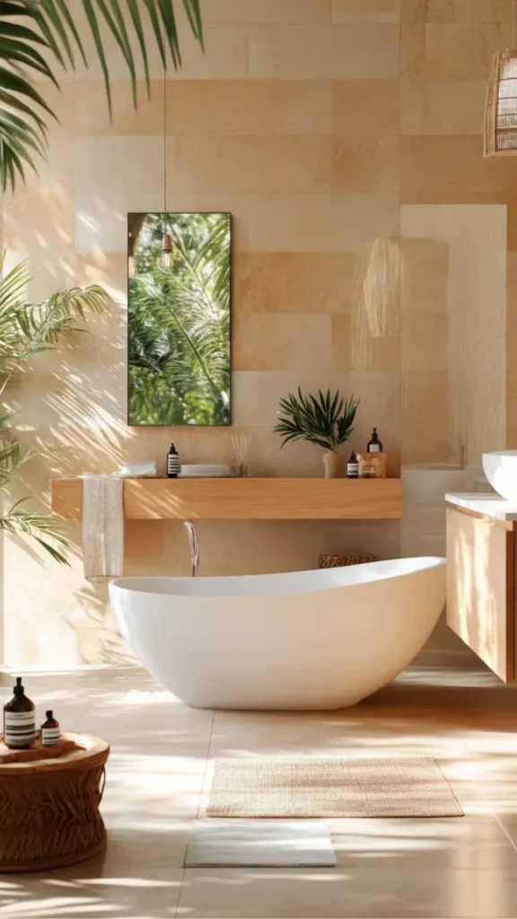 bathroom tile ideas warm travertine floor to ceiling organic modern luxury beautiful 2026