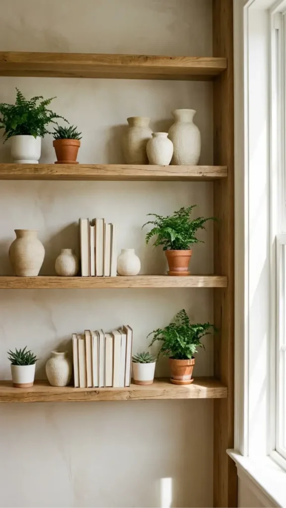 organic modern home decor ideas open wood shelving ceramics plants natural objects styled 2026