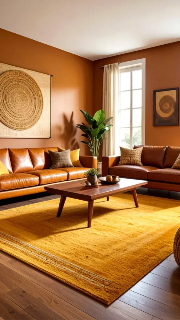 warm earthy paint colors living room pale warm ochre natural linen curtains warm wood console 2026