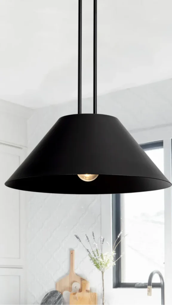 japandi pendant light matte black minimal cone above desk focused warm task light office 2026