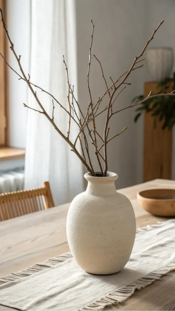 japandi console table styling sculptural dried branch lying flat warm wood console sole object 2026