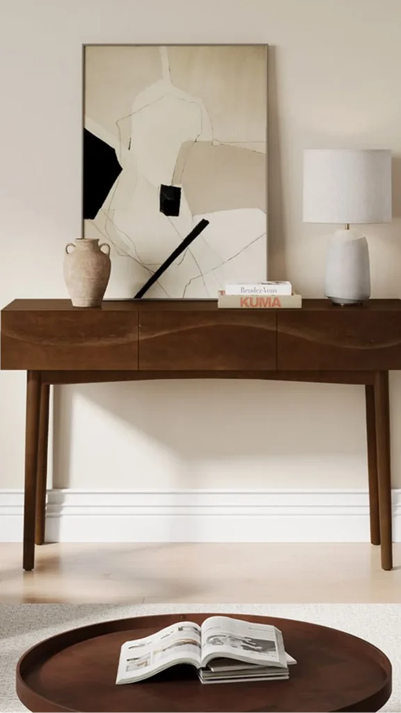 japandi console table styling completely empty warm wood grain fully visible most confident welcome 2026