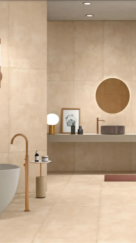 bathroom tile ideas warm stone effect porcelain natural look practical durable 2026