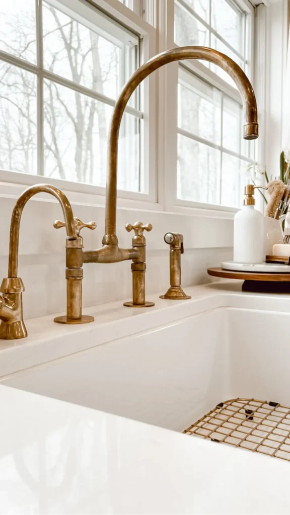wabi-sabi objects organic modern home unlacquered brass fixtures natural darkening patina warm wood 2026