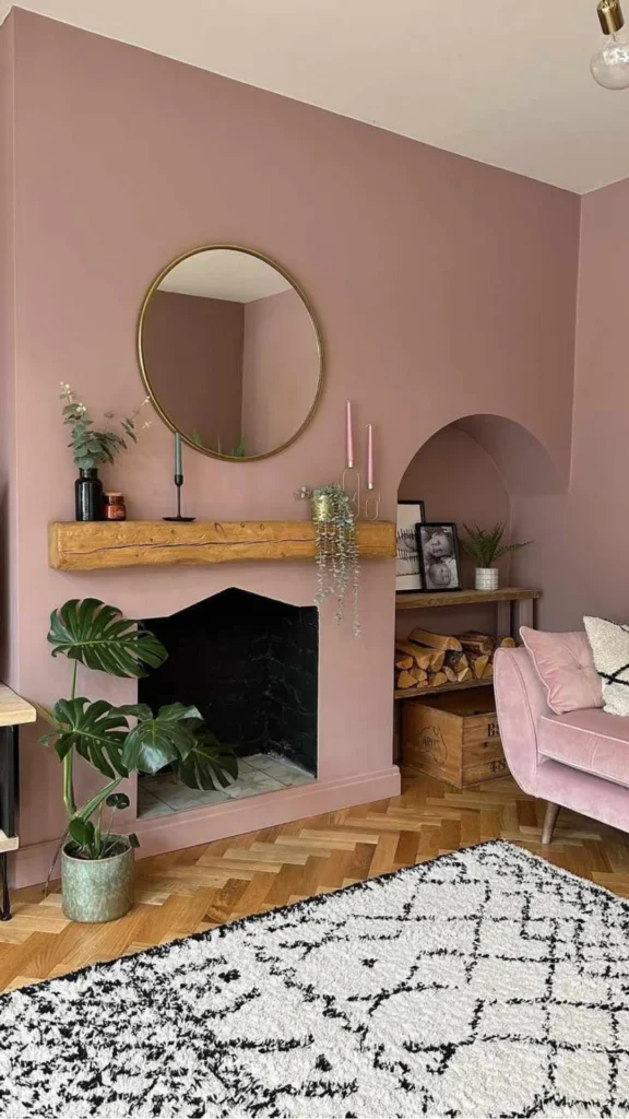 warm earthy paint colors living room soft clay pink warm wood furniture dried botanical 2026"