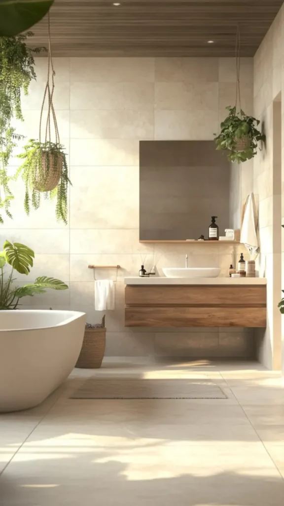 organic modern bathroom ideas freestanding bath statement piece warm stone floor beautiful 2026