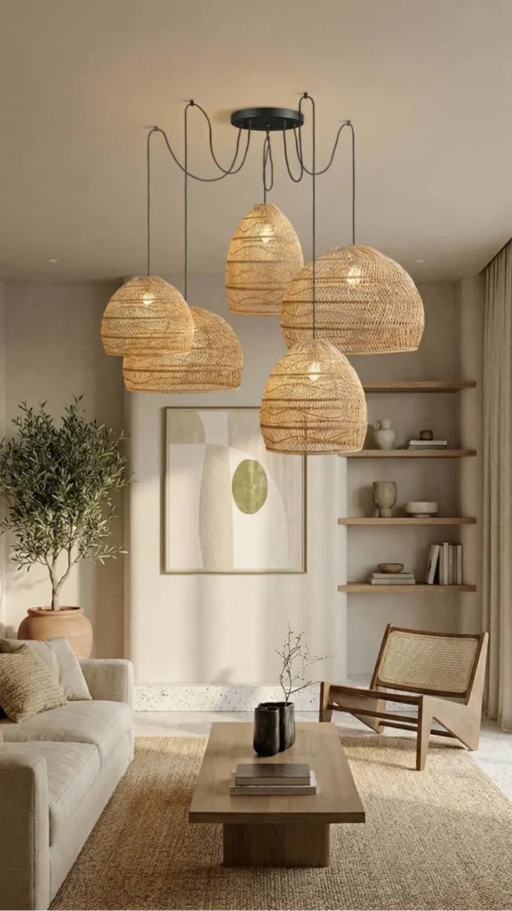 japandi pendant light warm rattan establishes material language vertical scale living room 2026