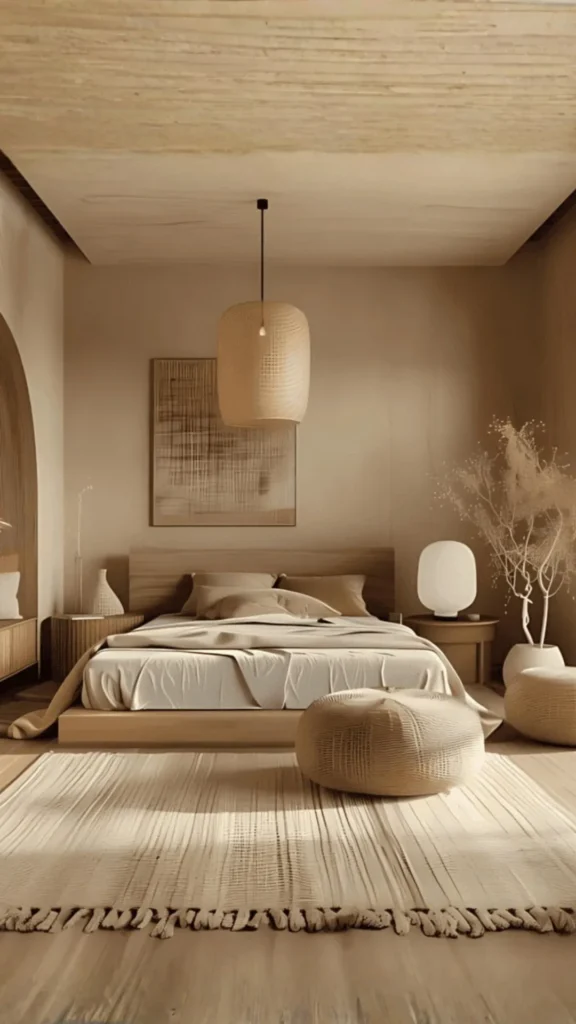 warm wood furniture japandi bedroom every level floor furniture shelving consistent warm oak tone 2026