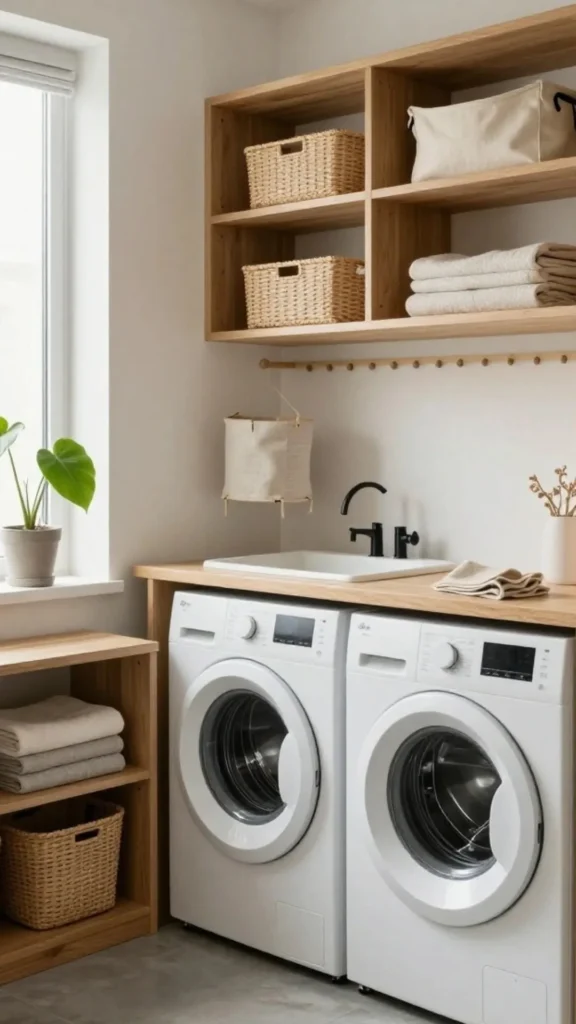 japandi laundry room ideas warm oak cabinetry replacing white laminate 2026