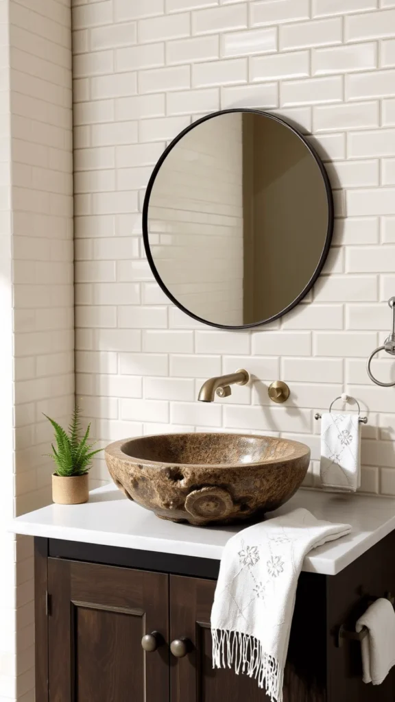 organic modern powder room ideas sculptural stone vessel basin wood console 2026