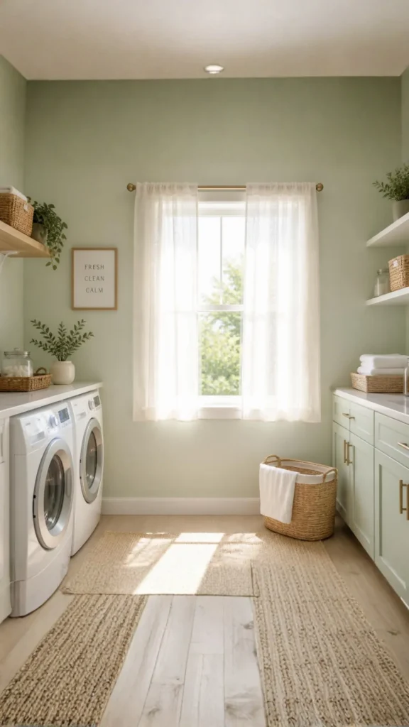 japandi laundry room ideas window uncluttered sheer linen curtain 2026