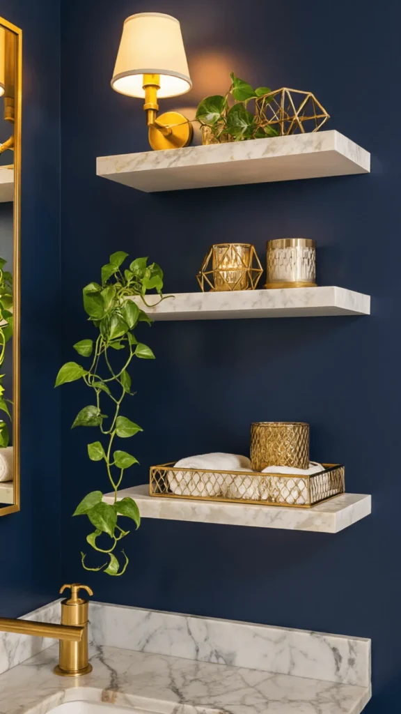 organic modern powder room ideas trailing pothos high shelf 2026