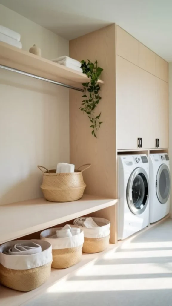 japandi laundry room ideas three woven baskets sorted color neat 2026