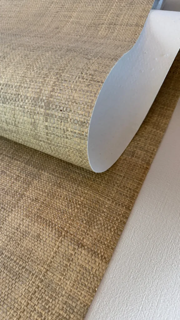 organic modern powder room ideas grasscloth wallpaper texture no pattern 2026