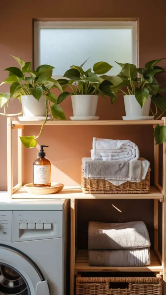 japandi laundry room ideas pothos plant shelf steam warmth thriving 2026