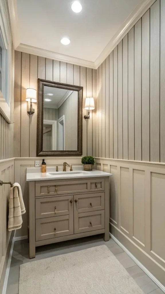 organic modern powder room ideas reeded wood vanity front channels 2026